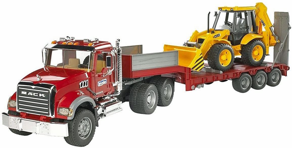 Mack Granite Flatbed Truck with JCB Loader Backhoe by Bruder Mack Granite Flatbed Truck with JCB Loader Backhoe by Bruder