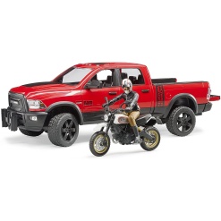 Ram 2500 Power Wagon with Ducati Scarmbler Desert Sled and Driver by Bruder