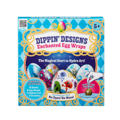 Egg art kit with crazy cool designs being dipped in water